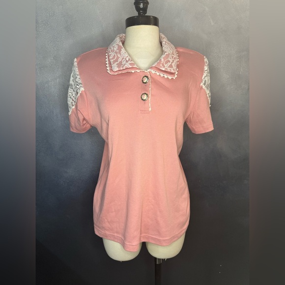 Lacy Afternoon Tops - Vintage Lacy Afternoon by Shell Kepler Pink Lace Polo Top - Size M